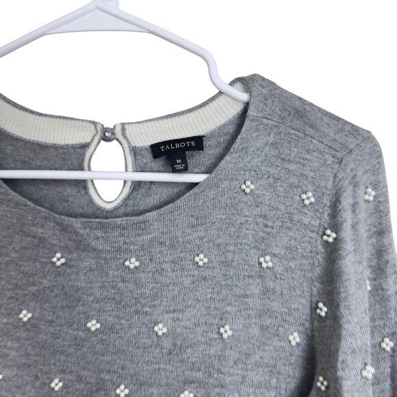 Talbots Women SZ M Gray Pearl Embroidery Sweater Top Blouse Thigh Knit Stretch - Picture 2 of 9